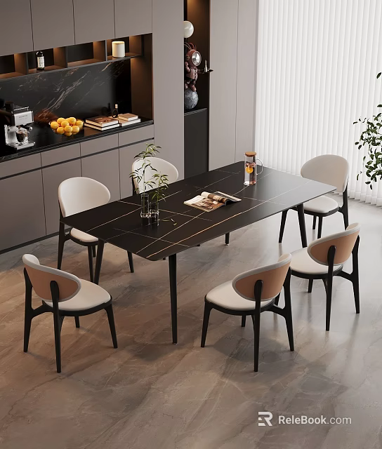Modern Dining Room Interior With Black Dining Table White Chairs And Plant Decor 3d model 