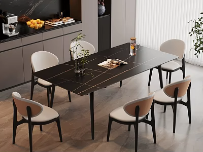 Modern Dining Room Interior With Black Dining Table White Chairs And Plant Decor 3d model