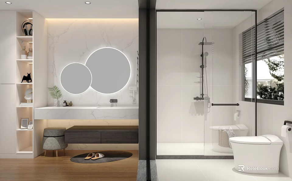 Modern Bathroom With Marble Wall Double Round Mirrors Glass Shower White Bathtub Vanity Storage Cabinets 3d model 