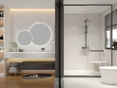 Modern Bathroom With Marble Wall Double Round Mirrors Glass Shower White Bathtub Vanity Storage Cabinets 3d model
