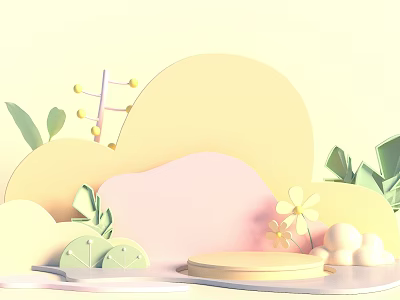 E-commerce Booth With Light Yellow Background Geometric Shapes Green Leaves Yellow Flowers And Circular Platform 3d model