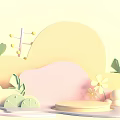 E-commerce Booth With Light Yellow Background Geometric Shapes Green Leaves Yellow Flowers And Circular Platform