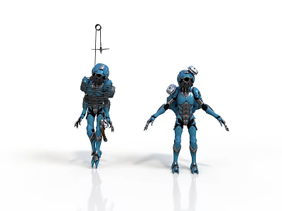 Sci Fi Blue Robot Characters With Mechanical Armor And Diverse Poses 3d model