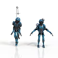 Sci Fi Blue Robot Characters With Mechanical Armor And Diverse Poses