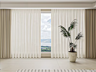 White Sheer Curtains Framing Open Window With Sky Clouds Mountain View And Potted Palm Plant 3d model