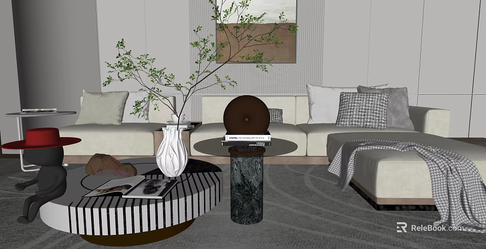 Light Colored Multi Seater Sofa With Plush Cushions And Coffee Table In Modern Living Room 3d model 