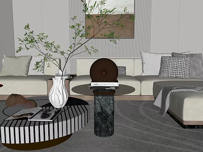 Light Colored Multi Seater Sofa With Plush Cushions And Coffee Table In Modern Living Room 3d model