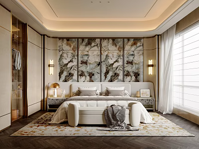 Modern Bedroom Interior With Marble Feature Wall Upholstered Bed Patterned Rug Nightstands And Window Blinds 3d model