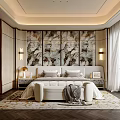 Modern Bedroom Interior With Marble Feature Wall Upholstered Bed Patterned Rug Nightstands And Window Blinds