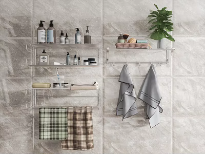 Stylish Bathroom Accessories Setup With Wall Mounted Shelves Towels And Toiletries 3d model