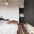 Modern Luxury Bedroom Interior With Ornate Ceiling Bed And Black White Geometric Rug