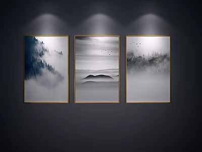 Minimalist Monochrome Landscape Paintings With Misty Mountains Forest Trees And Flying Birds 3d model
