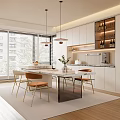Modern Restaurant Open Kitchen Interior With Island Counter Pendant Lights White Cabinets And Large Windows