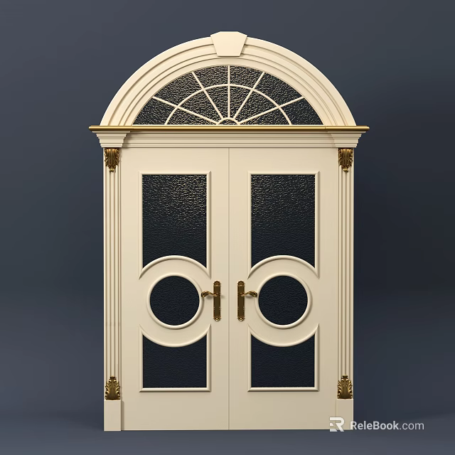 Elegant White Double Entry Door With Glass Panels Decorative Brass Handles And Arched Top Fanlight 3d model 