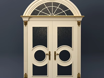 Elegant White Double Entry Door With Glass Panels Decorative Brass Handles And Arched Top Fanlight 3d model