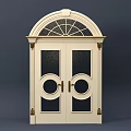 Elegant White Double Entry Door With Glass Panels Decorative Brass Handles And Arched Top Fanlight