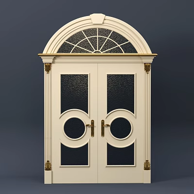 Elegant White Double Entry Door With Glass Panels Decorative Brass Handles And Arched Top Fanlight 3d model