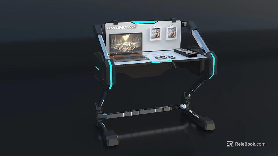 Modern Gaming Entertainment Desk With Built in Display Blue LED Lights And Controller Holder 3d model 
