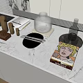 Elegant Decorative Ornament Set with Wooden Pieces Glass Containers and Black Bowl on Marble Countertop