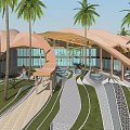 Hotel Building With Brown Curved Roof Design Surrounded By Palm Trees Beach And Swimming Pool