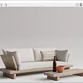 Light Colored Wooden Frame Sofa With Striped Cushions Coffee Table Orange Bowl And Brown Vase