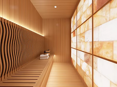 Wooden Sauna Room Interior With Wavy Panel Design And Lighted Stone Walls 3d model