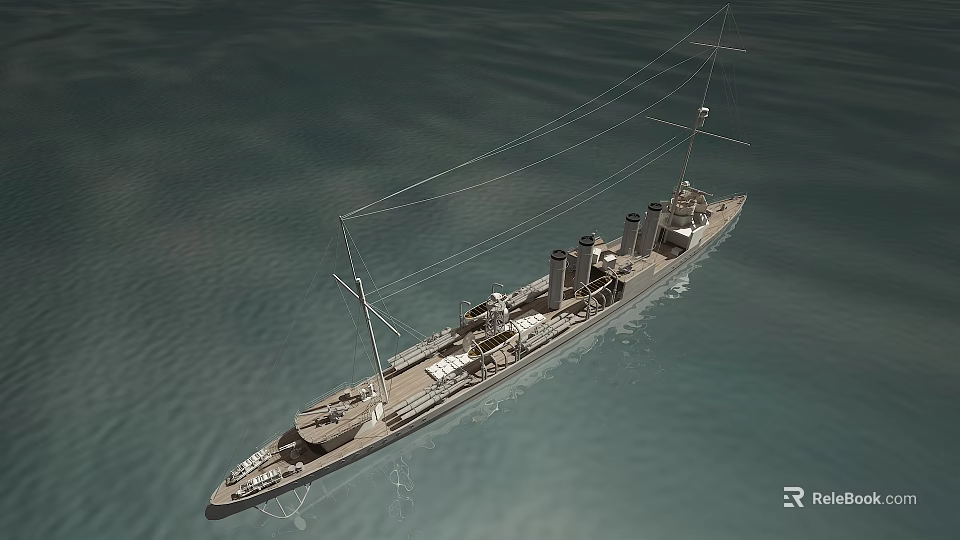 Vintage Warship Sailing On Calm Sea With Masts And Smokestacks 3d model 