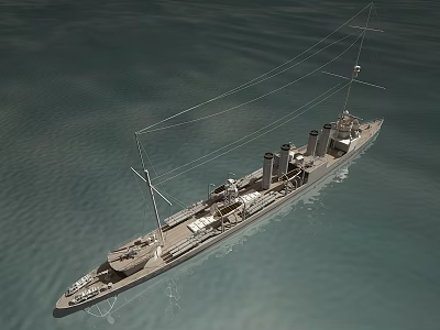 Vintage Warship Sailing On Calm Sea With Masts And Smokestacks 3d model