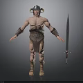 Man In Horned Helmet With Leather Armor Arm Guards Boots And Long Sword