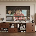 Warm Wooden TV Stand With Decorative Items Books Vase Potted Plant And Floor Lamp