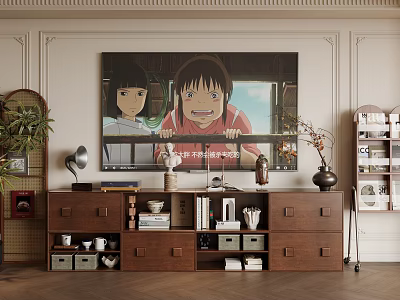 Warm Wooden TV Stand With Decorative Items Books Vase Potted Plant And Floor Lamp 3d model