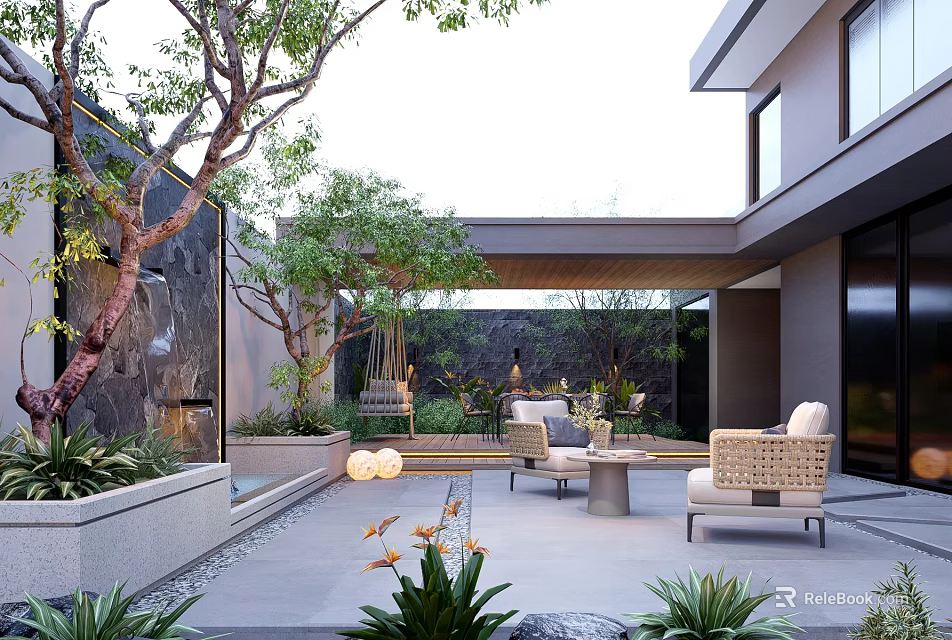 Modern Outdoor Courtyard Garden Design With Rattan Chairs Green Plants Water Feature And Natural Light 3d model 