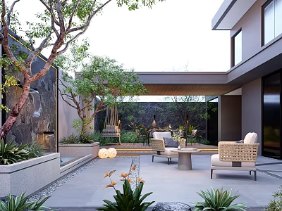 Modern Outdoor Courtyard Garden Design With Rattan Chairs Green Plants Water Feature And Natural Light 3d model