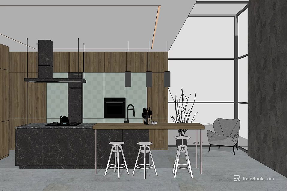 Modern Kitchen Design With Wooden Cabinets Island Counter Stools And Large Windows 3d model 