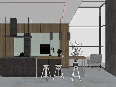 Modern Kitchen Design With Wooden Cabinets Island Counter Stools And Large Windows 3d model