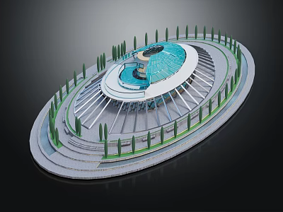 Modern Circular Building Design With Blue Glass Dome Surrounding Trees And Stepped Structure 3d model