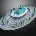 Modern Circular Building Design With Blue Glass Dome Surrounding Trees And Stepped Structure 3d model
