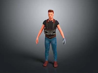 3D Rendered Character Model With Red Hair Black T Shirt Blue Jeans And Brown Shoes 3d model