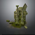 Ancient Weathered Stone Ruin Structure With Moss Covered Archway And Pillars