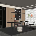 Modern Minimalist Study Room Interior With Wooden Desk Ergonomic Chair Built-in Bookshelf And Indoor Plant