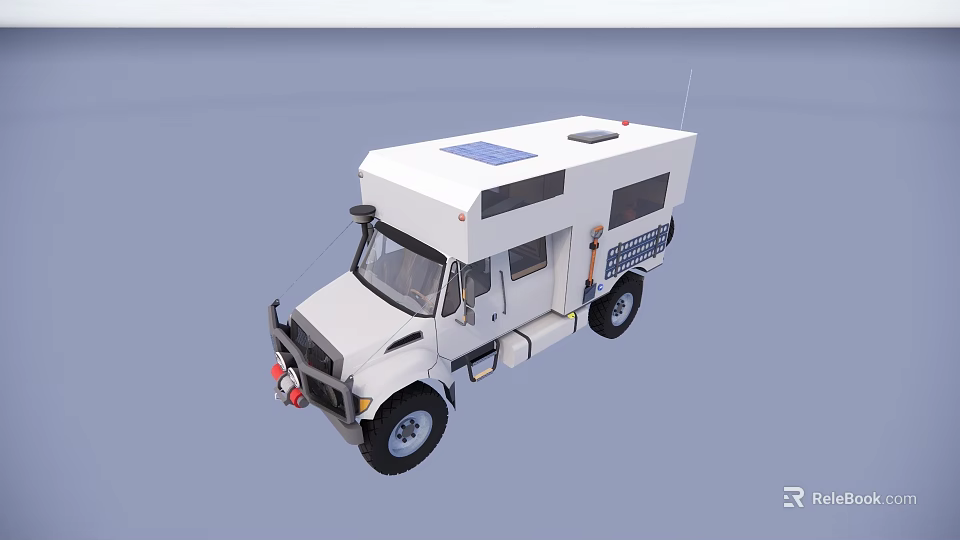 White Camper Van Exterior Design With Roof Solar Panel And Storage Compartments 3d model 