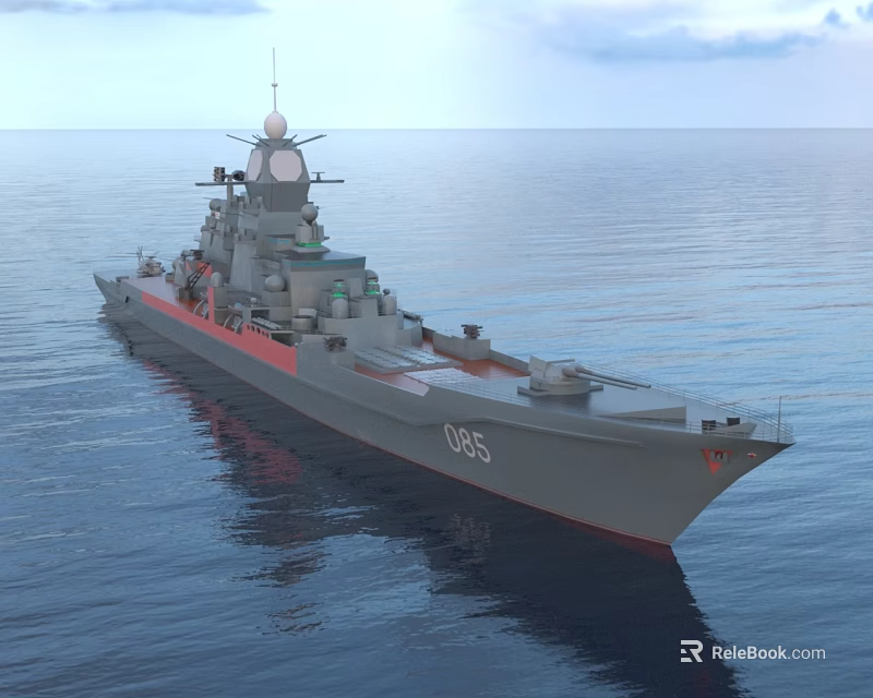 Gray Warship With Red Bottom And Number 065 Sailing On The Sea With Radar Equipment 3d model 