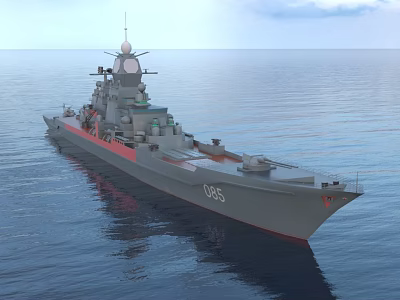 Gray Warship With Red Bottom And Number 065 Sailing On The Sea With Radar Equipment 3d model