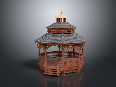 Outdoor Wooden Gazebo With Detailed Multi Layered Roof Railings And Steps 3d model