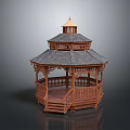 Outdoor Wooden Gazebo With Detailed Multi Layered Roof Railings And Steps