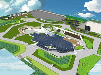 Scenic Residential Landscape Design With Central Water Pool Lush Grass Areas And Winding Walkways 3d model