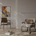 Elegant Single Chair Interior With Beige Fabric Wooden Frame Artwork And Natural Light