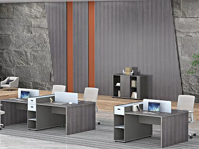 Modern Office Interior With Desks Computer Monitors Chairs Stone Wall And Striped Panel 3d model