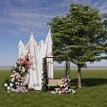 Scenic Outdoor Photo Spot With White Drapes Colorful Flowers Swing Bench Green Trees And Grass