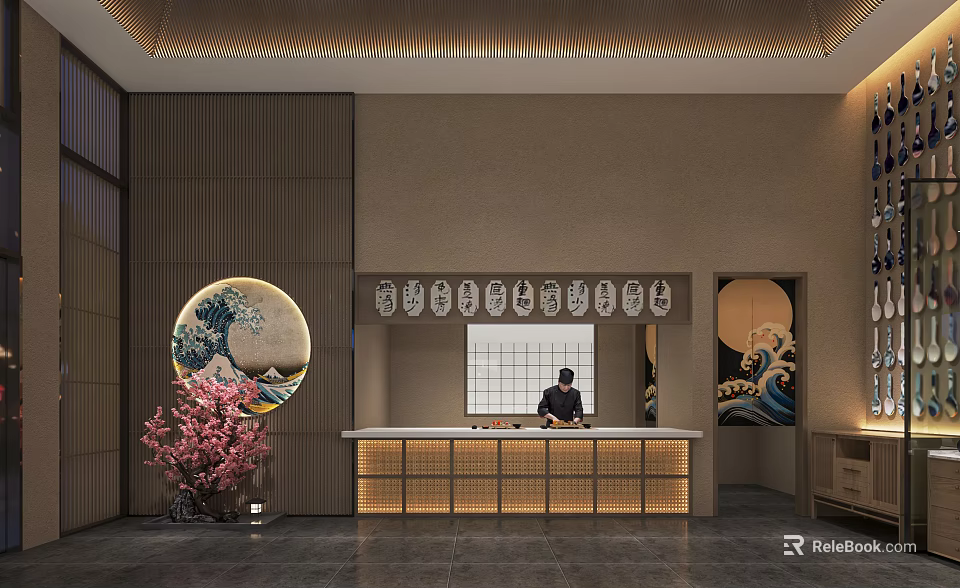 Japanese Style Restaurant Interior With Wooden Counter Circular Artwork And Cherry Blossom Decor 3d model 